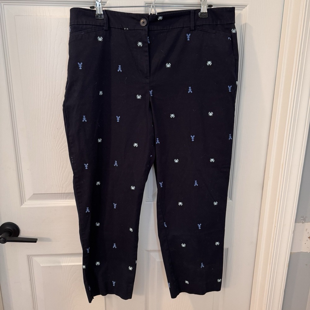 Talbots Lobster Crab Pants women's sz 14 navy blue nautical coastal embroidered